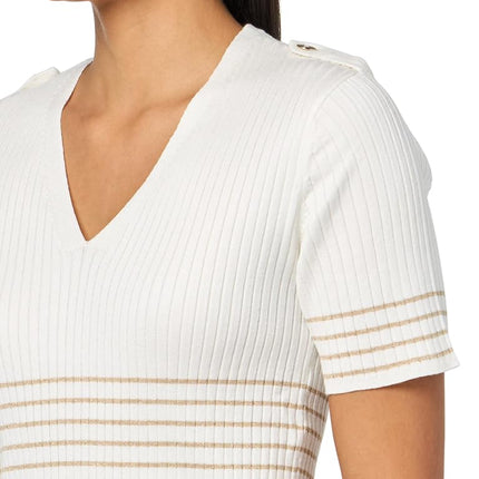 Nautica Women's Short Sleeve Lurex V-Neck Pullover Sweater, Ivory Multi, Large