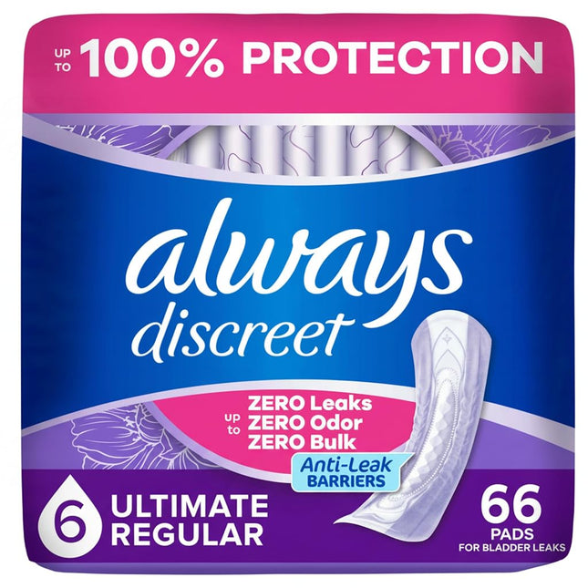 Always Discreet, Incontinence & Postpartum Pads For Women, Size 6 Drops, Extra Heavy Long Absorbency, 66 Total Count (2 Packs of 33 Count)