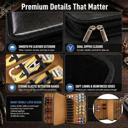 QEES 40-Slot Brown Pocket Knife Display Case Folding Tactical EDC Organizer