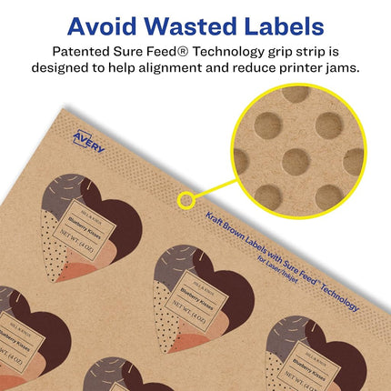 Etiquetas de corazón de papel kraft marrón Avery con Sure Feed, 1.5" x 1.5", 1,000 etiquetas de papel kraft marrón, impresión hasta el borde, etiquetas imprimibles con láser/inyección de tinta