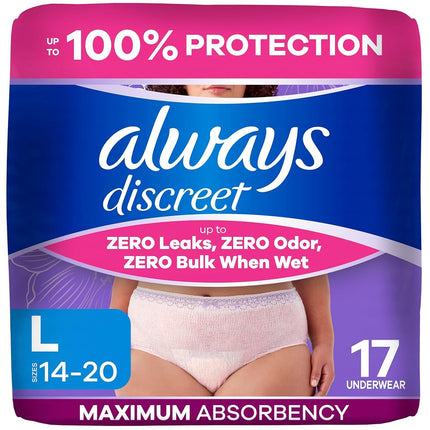 Always Discreet, Incontinence & Postpartum Underwear for Women, Size Large, Maximum Absorbency, Disposable, Large, 17 Count