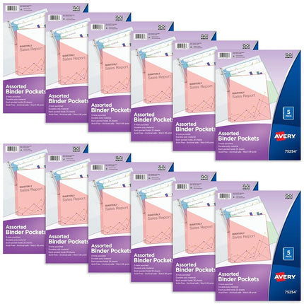 Avery Binder Pockets for 3 Ring Binders, Assorted (Blue, Clear, Green, Pink and Yellow), 5 Per Pack, 12 Packs, 60 Binder Pockets Total (75254)