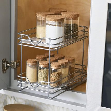 Household Essentials Glidez Paint-Finished Steel Pull-Out/Slide-Out Storage Organizer with Plastic Liner for Spice Rack Use - 2 -Tier Design - Fits Standard Size Cabinet or Shelf, Brushed Silver