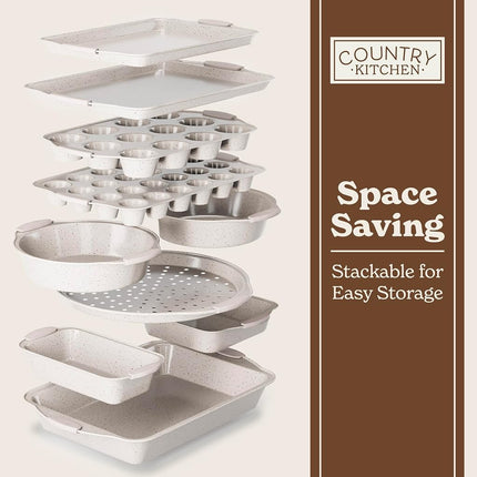 Country Kitchen Nonstick Stackable Bakeware Set - Durable, Easy Release Baking Set, Cream, 10 Pcs