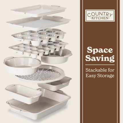 Country Kitchen Nonstick Stackable Bakeware Set - Durable, Easy Release Baking Set, Cream, 10 Pcs