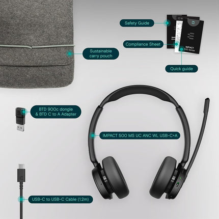 EPOS IMPACT 500 ANC Wireless Headset – Teams Certified with USB-C & USB-A Connectivity – Advanced Bluetooth Audio for Smarter, Distraction-Free Work