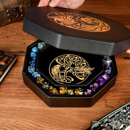 Premium Dice Tray for DND, Detailed World Tree & Wolf Raven Design – 23 CM