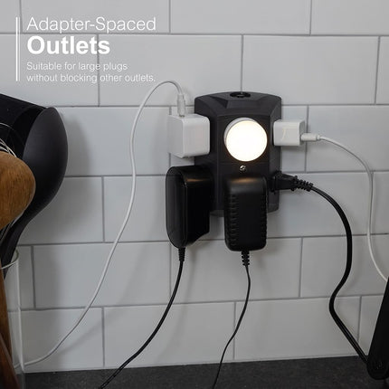 GE 6-Outlet Extender, Grounded Wall Tap, Reset Button, Circuit Breaker, Adapter Spaced Outlets, 3-Prong, Quick and Easy Install, UL Listed, White, 56575