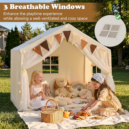 INFANS Kids Play Tent, Large Size Playhouse with Washable Cotton Mat Star Light Windows Plaid Pennants, 57.5” x 38” x 52.5”, Indoor Outdoor Princess Tents Castle for Toddlers Age 3+ Years Old (Beige)