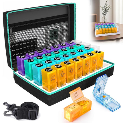 Monthly Pill Organizer 2 Times a Day, 2-in-1 Pill Case for Home & Travel