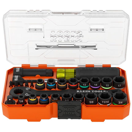Klein Tools 65400KNECT Jeu de douilles à percussion traversantes KNECT Essential, SAE et métrique, cliquet 90 dents, coffret MODbox, entraînement 3/8", 28 pièces