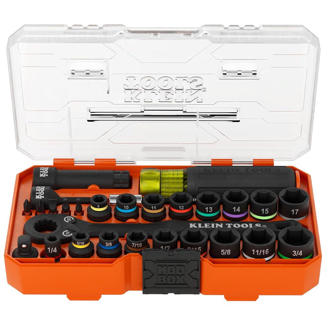 Klein Tools 65400KNECT KNECT Essential Pass Through Impact Socket Set, SAE and Metric, 90-Tooth Ratchet, MODbox Case, 3/8-Inch Drive, 28-Piece