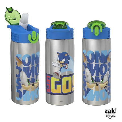 Zak Designs Sonic The Hedgehog Water Bottle for Travel and at Home, 19 oz Vacuum Insulated Stainless Steel with Locking Spout Cover, Built-in Carrying Loop, Leak-Proof Design (Sonic)