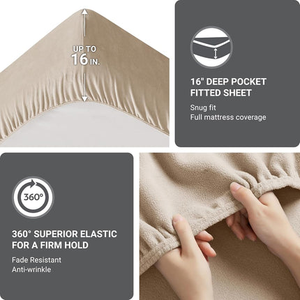 SLEEP PHILOSOPHY True North Micro Fleece Bed Sheet Set, Warm, Sheets with 14" Deep Pocket, for Cold Season Cozy Sheet-Set, Matching Pillow Case, King, Khaki, 4 Piece