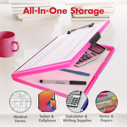 Dexas Slimcase 2 Plastic Clipboard with Storage and Side Opening, Neon Pink, Office Supplies Clipboards to Organize, Carry and Store, A4 Holder, Style and Functionality Nursing Clipboards