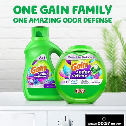 Gain Flings Laundry Detergent Pacs with Odor Defense, 60 Count, Super Fresh Blast Scent, HE 3in1 Detergent Pacs with Febreze and Oxi