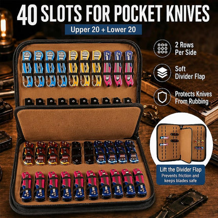 QEES 40-Slot Brown Pocket Knife Display Case Folding Tactical EDC Organizer