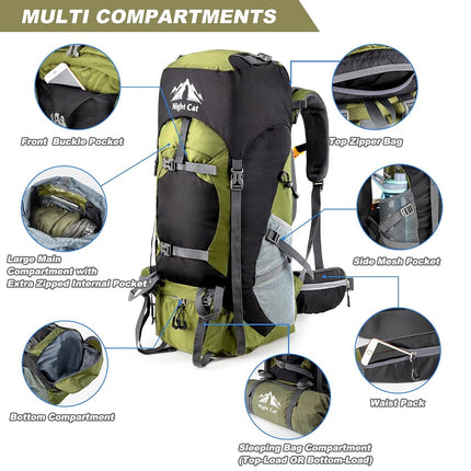 Night Cat Hiking Backpacks 70L Camping Backpacking Packs for Men Women Lightweight Outdoor for Mountaineering Traveling, No Internal Frame