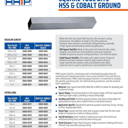 HHIP 2000-0042 3/16 X 2-1/2 Inch 8-Percent Cobalt Square Tool Bit