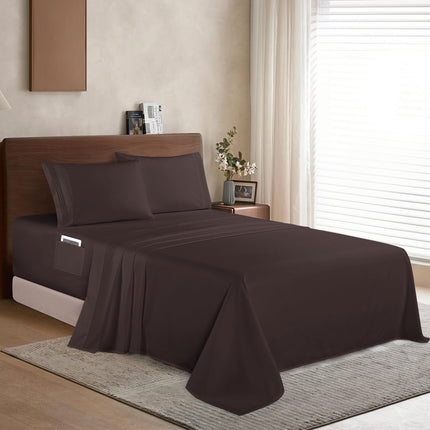 Elegant Comfort Luxe 1500 Draps de Lit en Microfibre Qualité Hôtel de Luxe - Doux, Drap-Housse Élastique Tout Autour de 45 à 60 cm de Profondeur - Draps à Poches Extra Profondes, Grand Lit (Full), Marron Chocolat