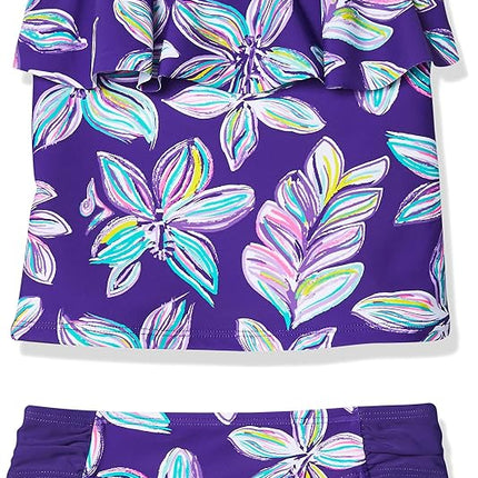 Kanu Surf Girls' Charlotte Flounce Tankini Beach Sport 2-Piece Swimsuit, Charlotte Purple Floral, 8