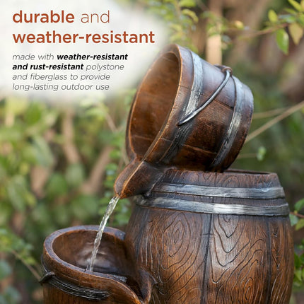 Alpine Corporation 24" H Indoor/Outdoor Tiered Barrels and Buckets Fountain, Brown