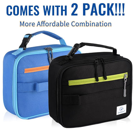 2 Packs Insulated Soft Lunch Bag with Double Zipper - Sturdy, Freezable and Reusable for Kids, Men - for School, Work, Outdoor (Black & Blue)