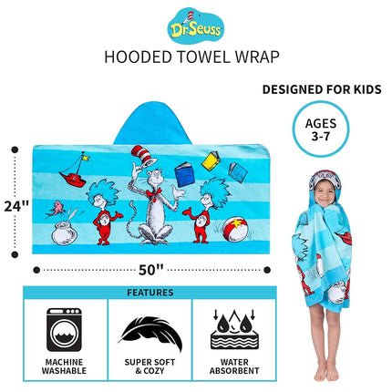 Drap de bain à capuche en coton éponge doux Franco Kids pour la plage et le bain, 61 cm x 127 cm, Dr Seuss Le Chat au chapeau