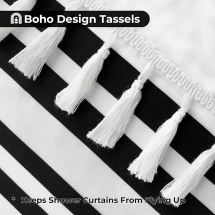 Seasonwood Cortina de ducha larga, tela blanca y negra con borlas, cortinas de ducha modernas estilo casa de campo para baño, impermeable, duradera, 72 pulgadas de ancho x 78 pulgadas de largo