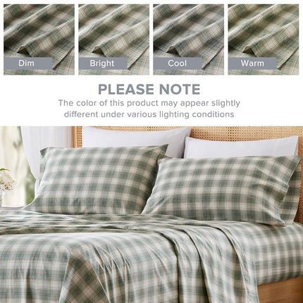Comfort Spaces 100% Cotton Sheets Twin, Breathable, Naturally Cool Cotton Sheets, Soft Cotton Bed Sheets with 12" Elastic Pocket Fits up to 14" Mattress, All Seasons Sheet Set, Wesley Green 3 Piece