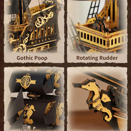ROKR Seahorse Barque 3D Wooden Puzzle for Adult - Sailboat Model Kit, 603-Piece DIY Assembly, 1:100 Scale Sailboat MCB02