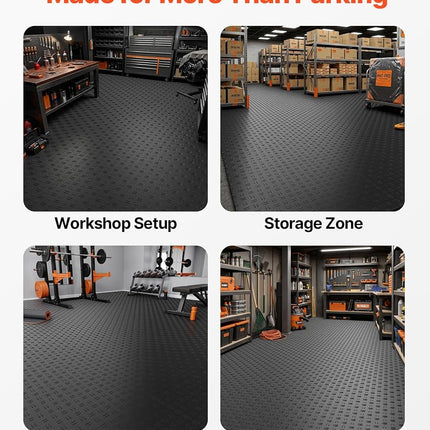 VEVOR Garage Tiles Interlocking, 12 x 12 x 0.53 inch 50 Pack Garage Floor Covering Tiles, Non-Slip Double-Sided Texture Garage Flooring Tiles, for Garages, Basements, Repair Shops, Black