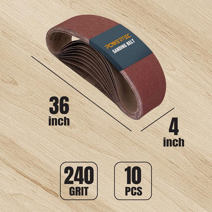 POWERTEC 110150 4 x 36 Inch Sanding Belts | 240 Grit Aluminum Oxide Sanding Belt | Premium Sandpaper – 10 Pack