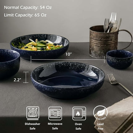 S&Q'S Ceramics Large Serving Bowls Set of 4, 60 Ounce Salad, 10'' Ceramic Wide Shallow Bowl Plates, Pasta Dishes for Fruit, Party, Entertaining, Microwave Safe(Navy Blue), (TSW2021)