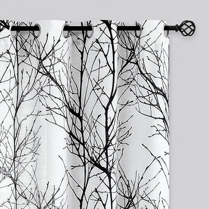 Fmfunctex Linen Semi Sheer Curtains for Bedroom, Black White Curtains 96 Inches Long for Living Room, Grey Tree Branch Patterned Curtain Light Filtering Farmhouse Window Drapes, Grommet Top 2 Panels