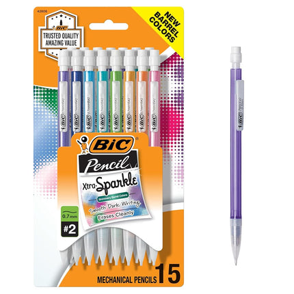 BIC Xtra-Sparkle Number 2 Mechanical Pencils With Erasers, Medium Point (0.7mm), 15-Count Pack, Cute Mechanical Pencils for Girls, Boys and Adults