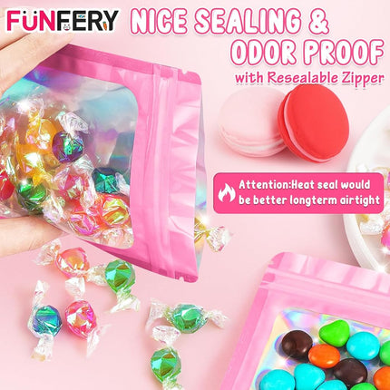 Funfery 100 Pack Resealable Bags Clear Holographic Bags,Smell Proof Packaging Baggies,Mylar Food Storage Bag,Zipper Sealing Pouch for Coffee Beans,Cookies,Jewelry Sample Small Business(Pink,7x10in)