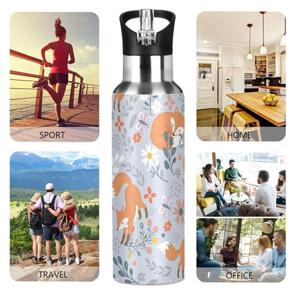 Fox Water Bottle Kids Fox Bottle with Straw Lid Cute Forest Animals Leakproof Insulated Stainless Steel Water Flask for Sport Gym Outdoor 20 oz