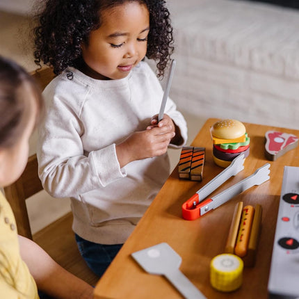 Melissa & Doug 9280 Grill and Serve BBQ Set (20 pcs) -Wooden Play Food and Accessories, Multi-Colored, 1 EA