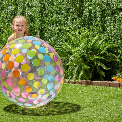 Intex Jumbo Inflatable Glossy Colorful Transparent PVC Giant Beach Ball w/Repair Patch in Polka-Dot or Rainbow Stripes for Ages 3 & Up, Color Varies