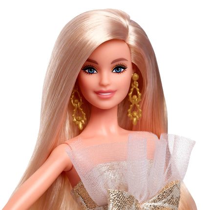 Barbie Signature Doll, 2025 Holiday Barbie Blonde Fashion, Wearing Silver & Gold Gown, Seasonal Collector in Displayable Packaging & Stand, JBJ00