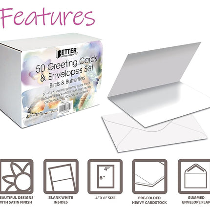 Better Office Products 50-Pack All Occasion Greeting Cards Box Set, 4 x 6 inch, 50 Assorted Blank Note Cards & 50 Envelopes, 6 Butterfly & Birds Designs, Blank Inside, 50 Pack