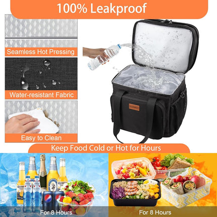 GLENKEY Expandable Large Insulated Lunch Box, Heavy Duty Cooler Bag Durable Leakproof Pail for Men Women Adults Work Shift Outdoor Picnic Camping Road Trip, 24 Can, Black CB01 16L