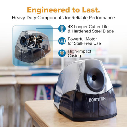 Bostitch Office Personal Electric Pencil Sharpener, Powerful Stall-Free Motor, High Capacity Shavings Tray, 7yr Warranty, Chrome Metallic