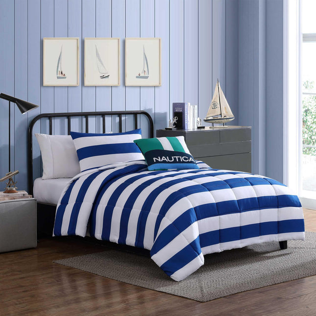 Nautica Kids - Juego de edredón de tamaño matrimonial/queen, ropa de cama suave con fundas de almohada a juego y cojín decorativo, decoración del hogar para niños, con certificación Oeko-Tex (rayas Huck azules, matrimonial/queen)