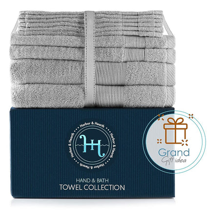 Hearth & Harbor 100% Ring Spun Cotton Bath Towels for bathroom - Luxury Bathroom Towels - Soft & Highly Absorbent Bath Towels Set, 10 Piece Set (2 Bath Towels, 2 Hand Towels, 6 Washcloths) - Silver