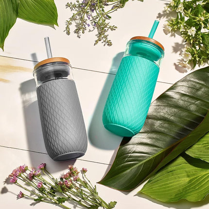 Ello Devon Glass Tumbler, Protective No Sweat Silicone Sleeve and Splash Proof Wooden Detail Lid with Straw, 18 oz