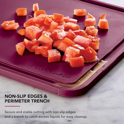 KitchenAid Classic Plastic Cutting Board with Perimeter Trench and Non Slip Edges, Dishwasher Safe, 11 x 14 inch, Beetroot