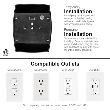 GE 6-Outlet Extender Wall Tap, Grounded Adapter, Charging Station, 3-Prong, Secure Install, ETL Listed, Black, 54840