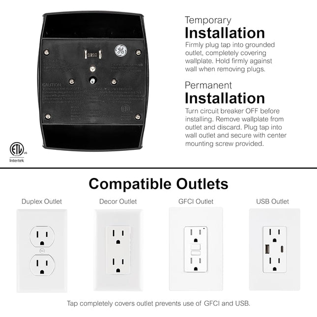 GE 6-Outlet Extender Wall Tap, Grounded Adapter, Charging Station, 3-Prong, Secure Install, ETL Listed, Black, 54840